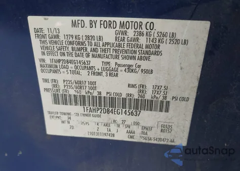 2014 Ford Taurus Se из США, поврежденный, VIN 1FAHP2D84EG145637